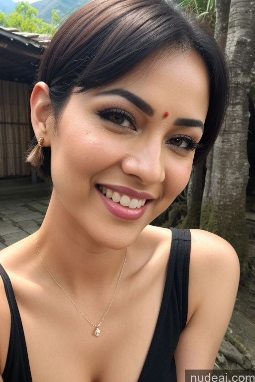 ai nude image of smiling woman with a black top and a necklace on her neck pics of Traditional Jungle Fairer Skin Straight Mountains Lake Black Hair Indonesian Woman Indian Pubic Hair Small Tits Hair Bun Polynesian Seductive Sexy Face Happy 50s Sari Painting Short Hair Front View