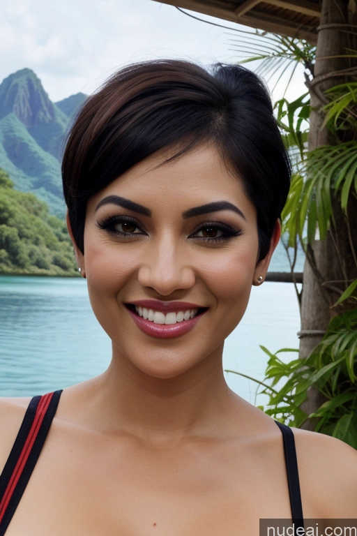 ai nude image of smiling woman in black bra top standing by the water pics of Jungle Fairer Skin Straight Mountains Lake Black Hair Indonesian Woman Indian Pubic Hair Small Tits Hair Bun Polynesian Seductive Sexy Face Happy 50s Sari Painting Short Hair Front View