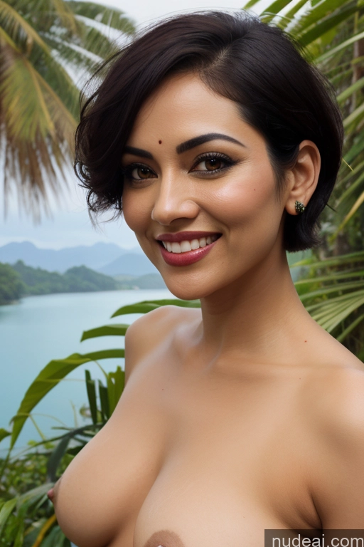 ai nude image of arafed woman with big breast posing in front of a lake pics of Jungle Fairer Skin Straight Mountains Lake Black Hair Indonesian Woman Indian Pubic Hair Small Tits Hair Bun Polynesian Seductive Sexy Face Happy 50s Sari Painting Short Hair Front View Nude