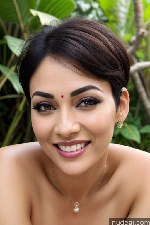 ai nude image of smiling woman with a necklace and a necklace on her neck pics of Jungle Fairer Skin Straight Mountains Lake Black Hair Indonesian Woman Indian Pubic Hair Small Tits Hair Bun Polynesian Seductive Sexy Face Happy 50s Sari Short Hair Front View Nude