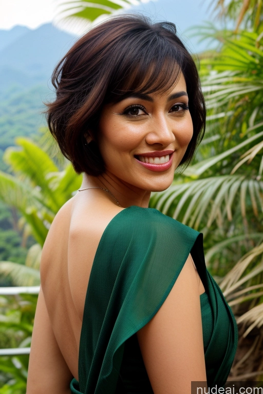 ai nude image of araffe woman in a green dress smiling at the camera pics of Jungle Fairer Skin Straight Mountains Black Hair Indonesian Woman Indian Pubic Hair Small Tits Hair Bun Polynesian Seductive Sexy Face Happy 50s Sari Short Hair Front View Nude