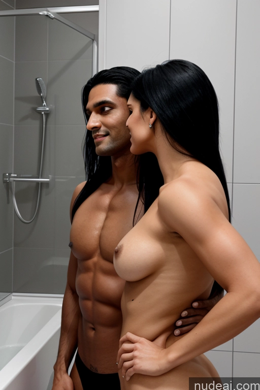 ai nude image of they are two people standing in a bathroom together pics of Woman + Man Two Perfect Body 20s Black Hair Straight Indian 3d Front View Bright Lighting Orgasm Bathroom Cumshot Nude