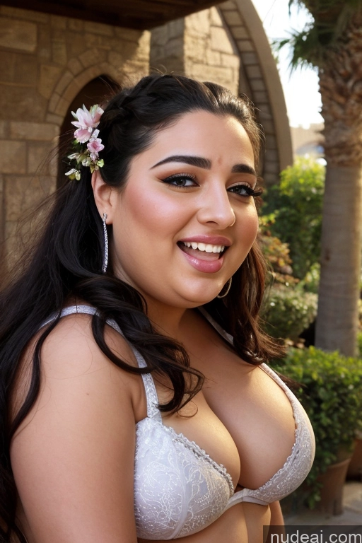 ai nude image of arafed woman in a white bra top and a flower in her hair pics of Happy Big Ass Long Hair Busty Short 20s Front View Straight Fat Arabic Close-up View Egyptian Illustration Laughing Black Hair Middle Eastern Side View Bra Corset Bikini Several