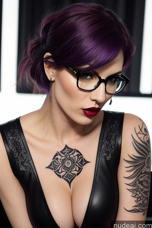 ai nude image of arafed woman with purple hair and glasses wearing a black dress pics of Woman One Lipstick Tattoos 30s Angry Serious Purple Hair Bangs Straight Russian Cyberpunk Bar Front View Spreading Legs Dominatrix Goth Latex Jacket Gold Jewelry Dark Lighting Detailed