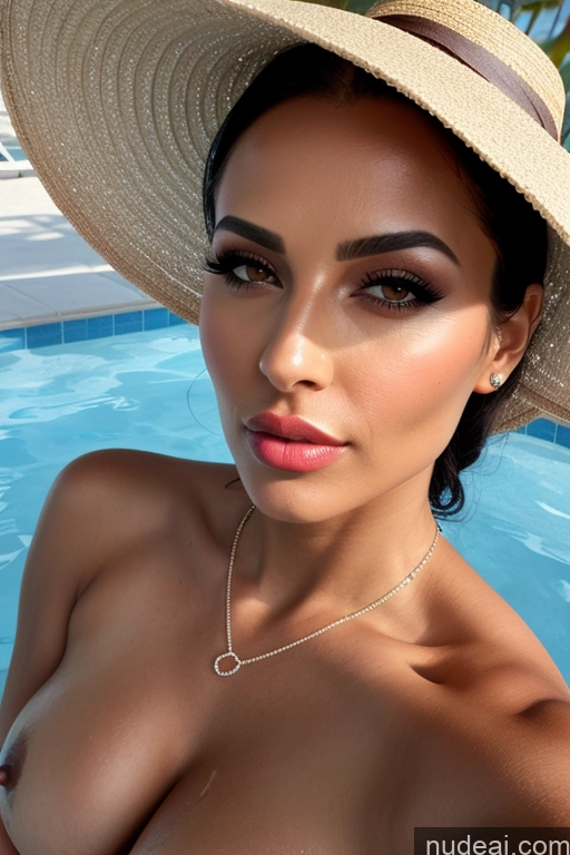 ai nude image of araffed woman in a hat posing in a pool pics of 60s Brunette Messy Indian Diamond Jewelry Black Hair Tanned Skin Pubic Hair Huge Boobs One Short Cumshot 3d Hot Tub Spreading Legs Pouting Lips Seductive Front View