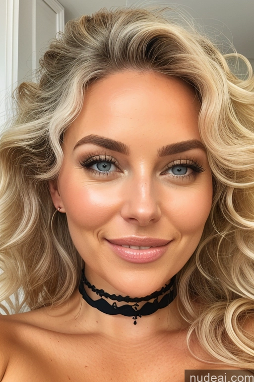 ai nude image of blond woman with blue eyes and a choker posing for a picture pics of Bimbo Busty Huge Boobs Skinny Short Fairer Skin Happy Blonde Scandinavian Swedish Bedroom Front View Nude Choker High Heels Jewelry Bright Lighting 30s T-pose Messy Detailed Curly Hair