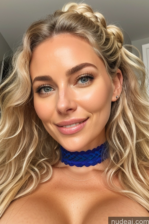 ai nude image of a close up of a woman with a blue choker on her neck pics of Bimbo Busty Huge Boobs Skinny Short Fairer Skin Happy Blonde Scandinavian Swedish Bedroom Front View Nude Choker High Heels Jewelry Bright Lighting 30s T-pose Messy Detailed Curly Hair