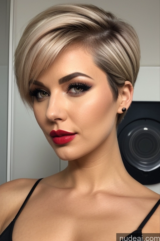 ai nude image of a close up of a woman with a short blond haircut and red lipstick pics of Woman One Lipstick Small Ass Small Tits Tall Short Hair 30s Blonde Straight Bathroom Front View Cumshot Nude German Charcoal Pouting Lips