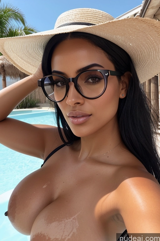 ai nude image of araffed woman in a hat and glasses posing by a pool pics of One Short Dark Skin African Soft + Warm Nude Big Ass Huge Boobs Bimbo Skinny Glasses Tanned Skin 20s Seductive Black Hair Straight Bedroom Front View On Back