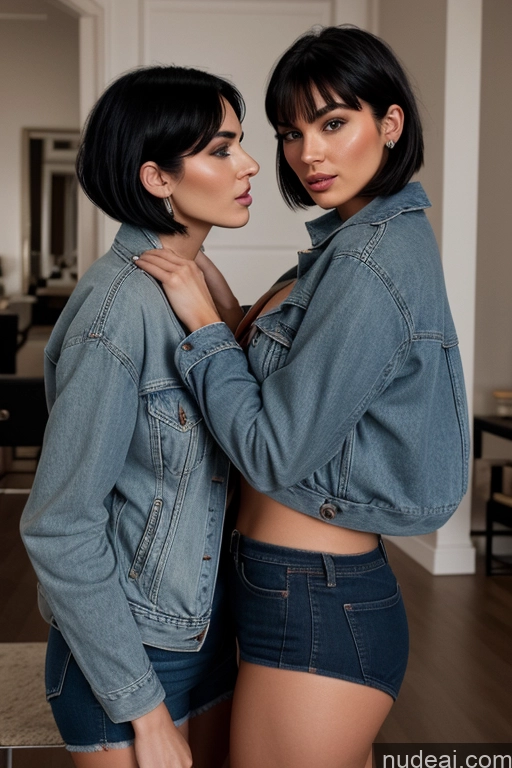 ai nude image of two women in denim jackets standing next to each other pics of Miss Universe Model 20s 18 Black Hair Boots Jeans Jacket Detailed Topless Partially Nude Cleavage Fellatio (Side View) Blowjob Bobcut Two