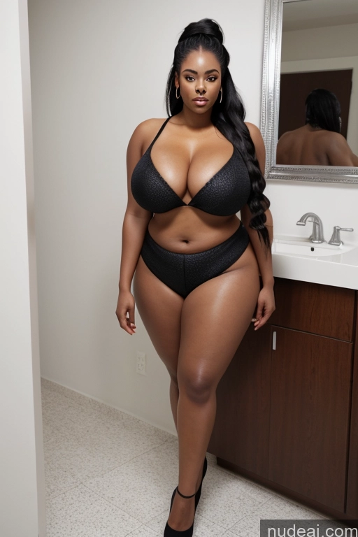 ai nude image of there is a woman in a black bikini posing in a bathroom pics of Nude 30s Huge Boobs Big Ass Thick Tall Fairer Skin Miss Universe Model Chubby Big Hips Long Legs Perfect Body Long Hair Bathroom Serious Black Hair African