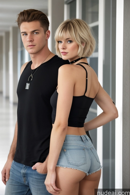 ai nude image of blond woman in a black top and a man in a black shirt pics of Sorority One Small Tits Small Ass Skinny Short Short Hair 18 Messy Bangs Irish German Choker Daisy Dukes Tank Top Blonde Swedish Seductive School Hallway Woman + Man