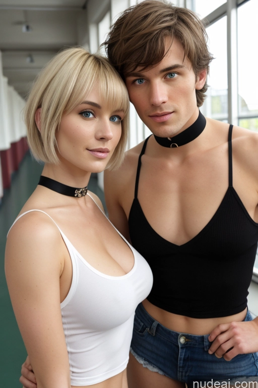 ai nude image of blond haired woman in black top and blue denim shorts with a man in black top pics of One Small Tits Small Ass Skinny Short Short Hair 18 Messy Bangs Irish Choker Daisy Dukes Tank Top Blonde Sorority Woman + Man School Hallway Seductive Scandinavian