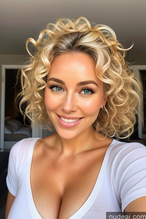 ai nude image of blonde woman with big breast posing for a selfie in a bedroom pics of Bimbo Busty Huge Boobs Beautiful Pubic Hair Curly Hair 30s Happy Seductive Blonde Messy Scandinavian Swedish Bedroom T-pose Nude Detailed