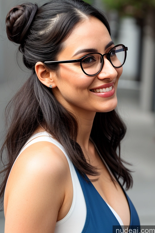 ai nude image of smiling woman with glasses and a blue dress on a city street pics of Woman One Beautiful Glasses Tall 20s Happy Black Hair Hair Bun Front View Restaurant Jumpsuit Fairer Skin Indian