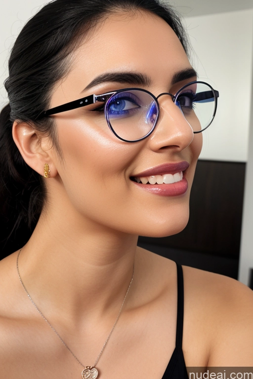 ai nude image of smiling woman wearing glasses and a necklace with a heart pendant pics of Woman One Beautiful Tall 20s Happy Black Hair Front View Restaurant Indian Ponytail Glasses Mirror Selfie Skin Detail (beta) Pajamas Tank Top Fairer Skin Perfect Boobs