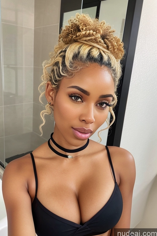 ai nude image of a close up of a woman with blonde hair wearing a black bra top pics of Bimbo Hair Bun Detailed White Hair Dark Skin Short Hair African Curly Hair Pregnant Mirror Selfie Yoga Pants Bathroom 20s