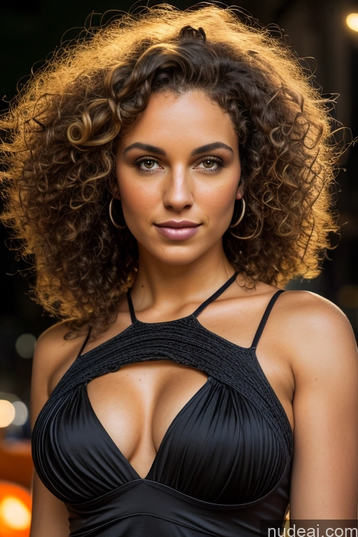 ai nude image of arafed woman with curly hair wearing a black dress and hoop earrings pics of Fairer Skin Curly Hair Transparent Perfect Boobs Halloween Street Dark Lighting