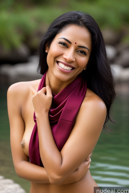 ai nude image of smiling woman in a red scarf posing in a river pics of Woman Small Tits 40s Happy Seductive Sexy Face Black Hair Straight Indian Lake Bathing Sari Satin Scarf Partially Nude Dark Skin Fairer Skin Pubic Hair One