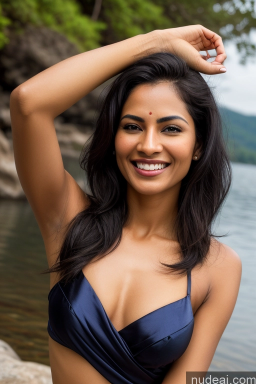 ai nude image of smiling woman in a blue bikini posing by the water pics of Woman Small Tits 40s Happy Seductive Sexy Face Black Hair Straight Indian Lake Bathing Sari Satin Scarf Partially Nude Dark Skin Fairer Skin Pubic Hair One