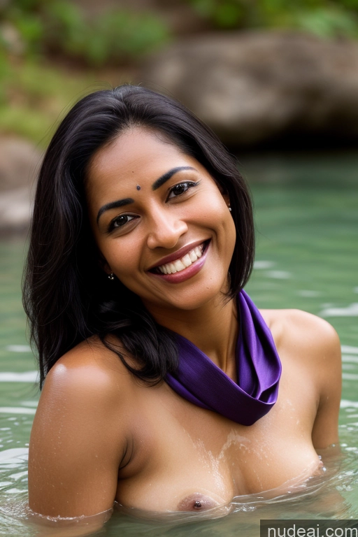 ai nude image of smiling woman in the water with a purple scarf around her neck pics of Woman Small Tits 40s Happy Seductive Sexy Face Black Hair Straight Indian Lake Bathing Sari Satin Scarf Partially Nude Dark Skin Fairer Skin Pubic Hair One