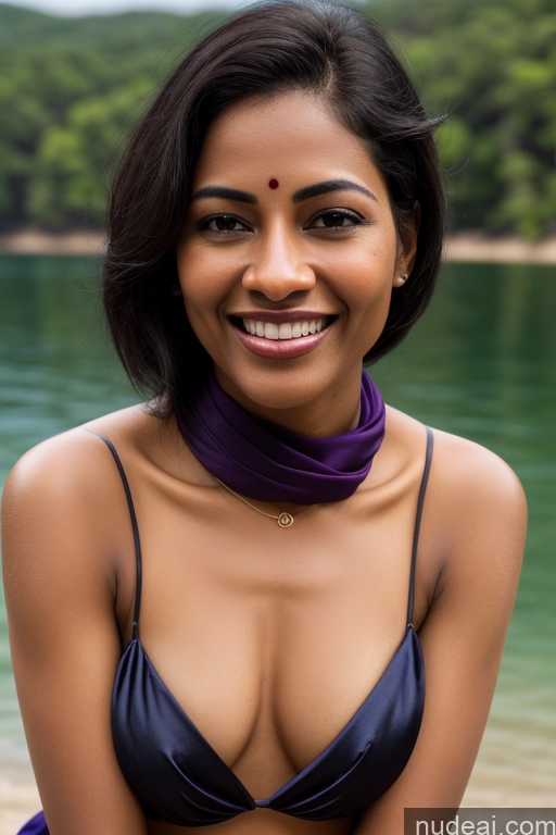 ai nude image of smiling woman in a purple bikini posing for a picture pics of Woman Small Tits 40s Happy Seductive Sexy Face Black Hair Straight Indian Lake Bathing Sari Satin Scarf Partially Nude Dark Skin Fairer Skin Pubic Hair One