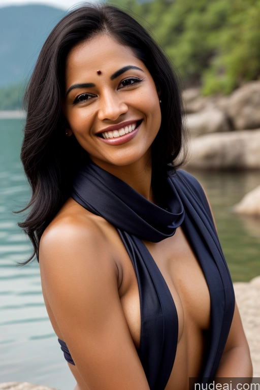 ai nude image of smiling woman in a black dress posing for a picture by the water pics of Woman Small Tits 40s Happy Seductive Sexy Face Black Hair Straight Indian Lake Bathing Sari Satin Scarf Partially Nude Dark Skin Fairer Skin Pubic Hair One