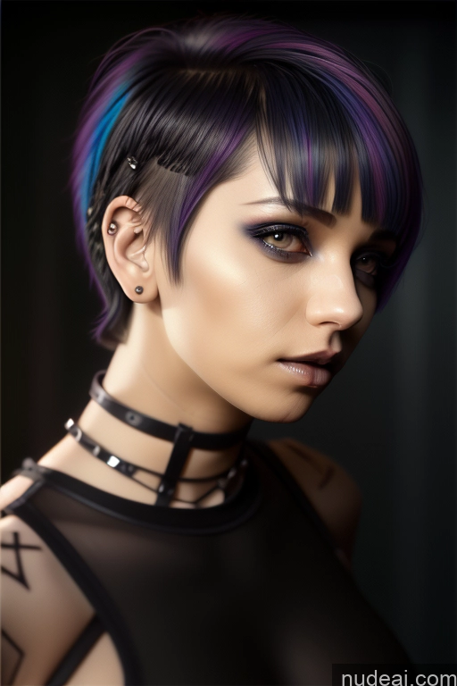 ai nude image of arafed woman with purple hair and piercings posing for a picture pics of Athlete Perfect Boobs Short Hair Egyptian Rainbow Haired Girl Close-up View Gothic Punk Girl Nude Bra Pull Down 40s