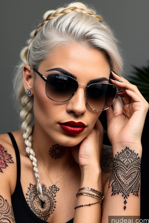 ai nude image of blond woman with tattoos and sunglasses posing for a picture pics of Several Woman Sunglasses Tattoos Lipstick Pregnant 18 Pouting Lips White Hair Braided Latina 3d Lake Spreading Legs Nude Gold Jewelry Detailed Front View