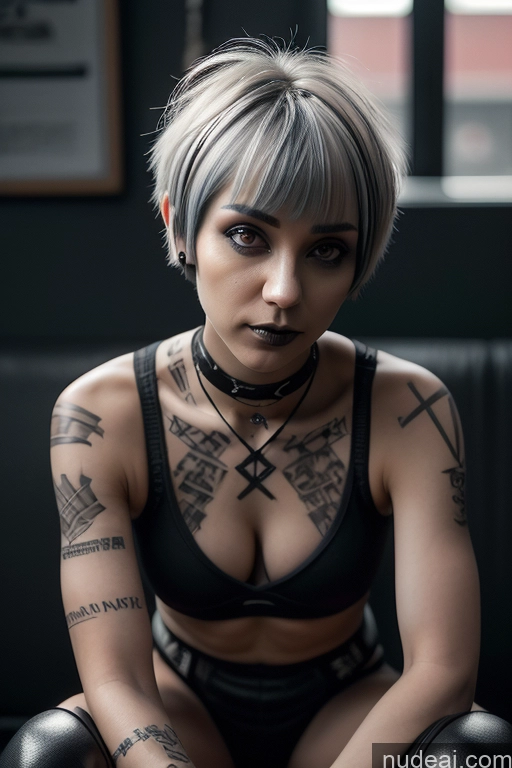 ai nude image of arafed woman with tattoos sitting on a couch in a room pics of Athlete Perfect Boobs Short Hair Egyptian Rainbow Haired Girl Close-up View Gothic Punk Girl Nude 50s Boots Spread Pussy