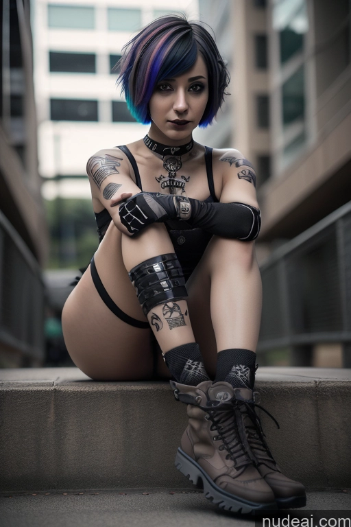 ai nude image of araffe with tattoos and a choke sitting on a ledge pics of Athlete Perfect Boobs Short Hair Egyptian Rainbow Haired Girl Close-up View Gothic Punk Girl Nude 50s Boots Spread Pussy