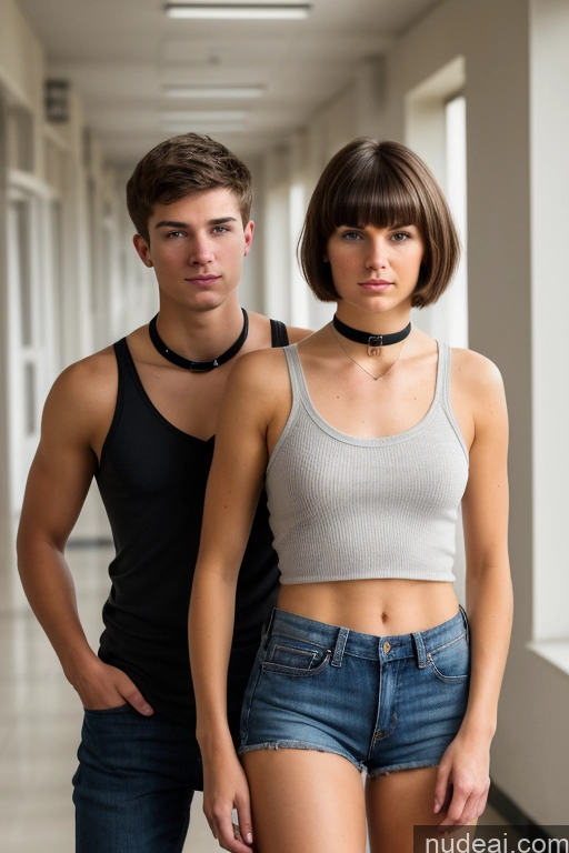 ai nude image of there are two people standing next to each other in a hallway pics of One Woman + Man Small Tits Small Ass Skinny Short Hair School Hallway 18 Brunette Bangs Choker Daisy Dukes Tank Top Spanish