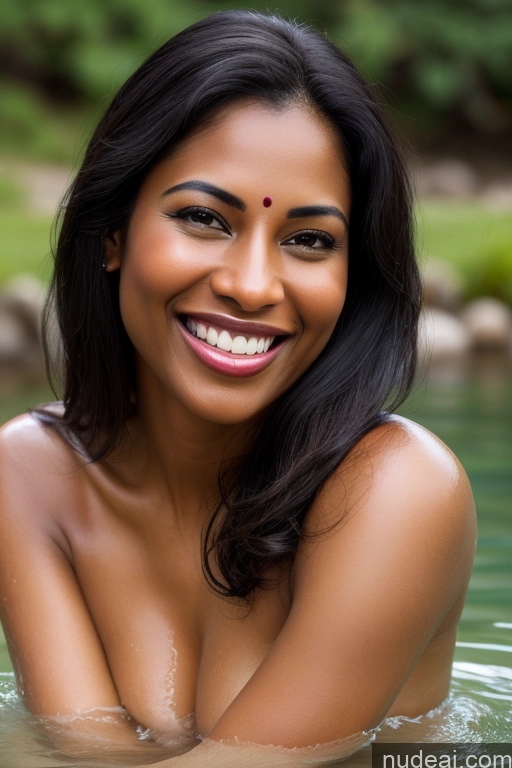 ai nude image of smiling woman in the water with a smile on her face pics of Partially Nude Sari Satin Bathing Lake Indian Straight Black Hair Sexy Face Seductive Happy 40s Fairer Skin Dark Skin One Woman