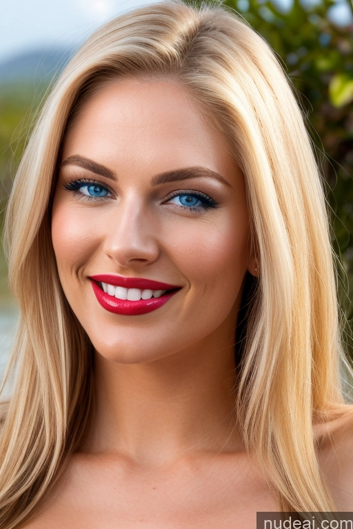 ai nude image of blond woman with blue eyes and red lipstick posing for a picture pics of One Busty Perfect Boobs Beautiful Lipstick Skinny 18 Deep Blue Eyes Russian Nude Miss Universe Model Full Frontal Happy Blonde Spreading Legs Beach