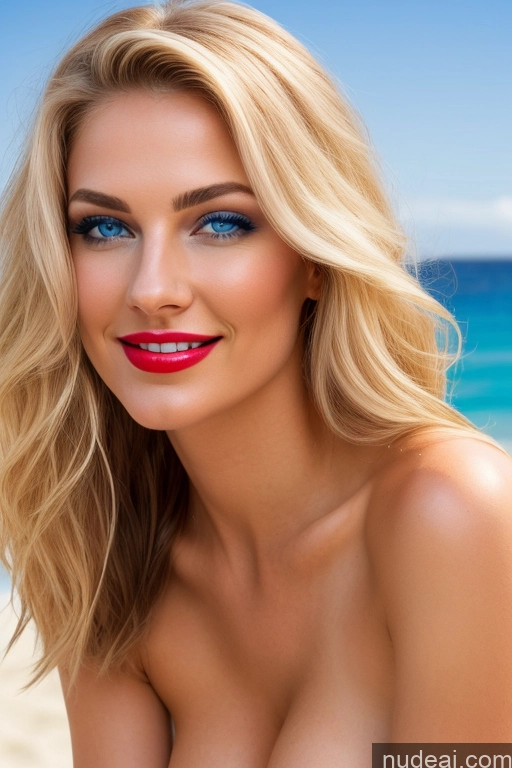 ai nude image of arafed woman with blue eyes and red lips posing on the beach pics of One Busty Perfect Boobs Beautiful Lipstick Skinny 18 Deep Blue Eyes Russian Nude Miss Universe Model Full Frontal Happy Blonde Spreading Legs Beach