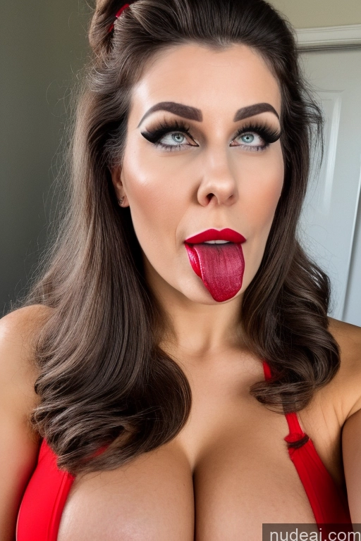 ai nude image of araffed woman with a red dress and red lips sticking out her tongue pics of Milf Perfect Boobs Big Ass Big Hips 20s Lipstick Beautiful Professor Teacher Spreading Legs Busty Hair Bun Ahegao