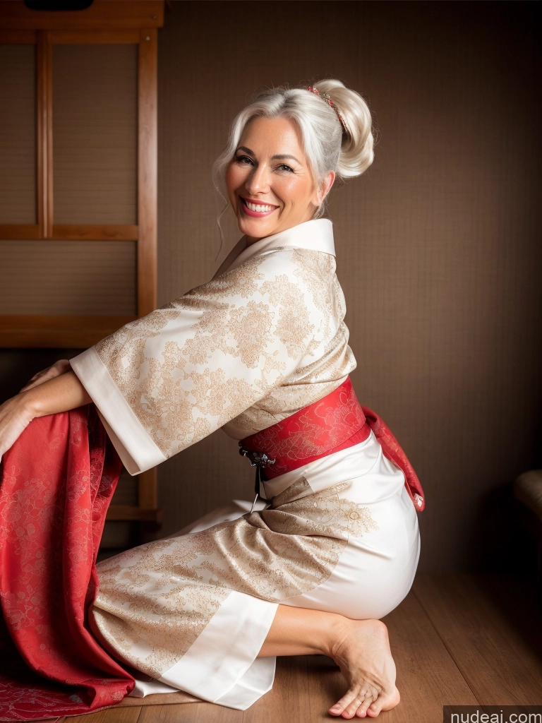 ai nude image of there is a woman in a kimono sitting on the floor pics of Milf One Small Tits 40s Happy Sexy Face White Hair Ponytail White Vintage Stage Front View Nude Geisha Kimono Tunic Viking Victorian Beer