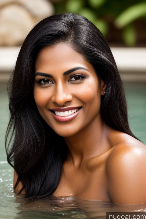 ai nude image of smiling woman in a pool of water with a smile on her face pics of Model One Fairer Skin Dark Skin 40s Happy Seductive Sexy Face Black Hair Straight Indian Lake Sari Satin Bathing