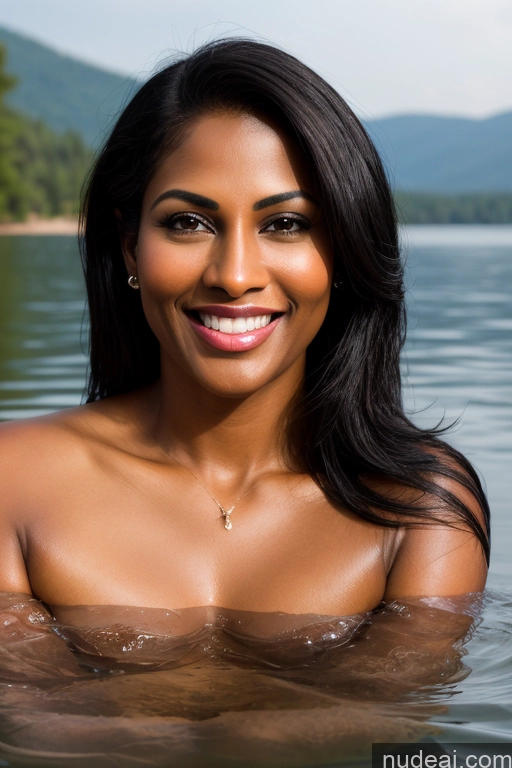 ai nude image of smiling woman in the water with a mountain in the background pics of Model One Fairer Skin Dark Skin 40s Happy Seductive Sexy Face Black Hair Straight Indian Lake Sari Satin Bathing