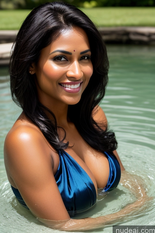 ai nude image of smiling woman in blue swimsuit in a pool of water pics of Model One Fairer Skin Dark Skin 40s Happy Seductive Sexy Face Black Hair Straight Indian Lake Sari Satin Bathing