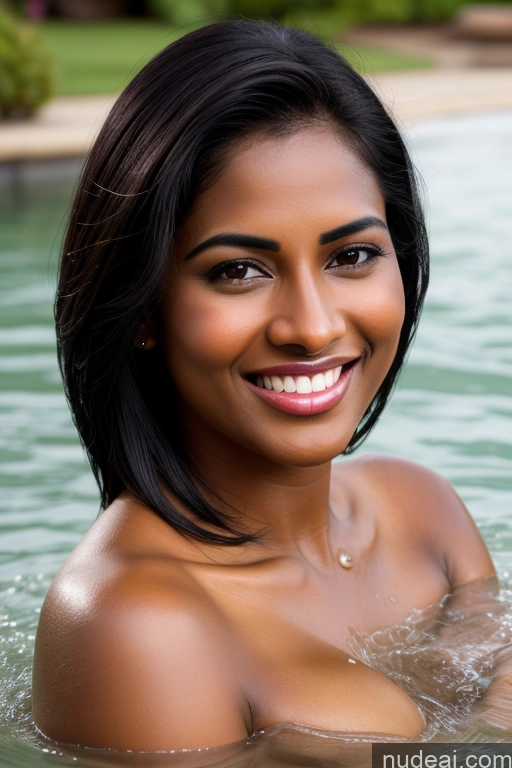 ai nude image of smiling woman in a pool of water with a smile on her face pics of Model One Fairer Skin Dark Skin Happy Seductive Sexy Face Black Hair Straight Indian Lake Sari Satin Bathing 30s