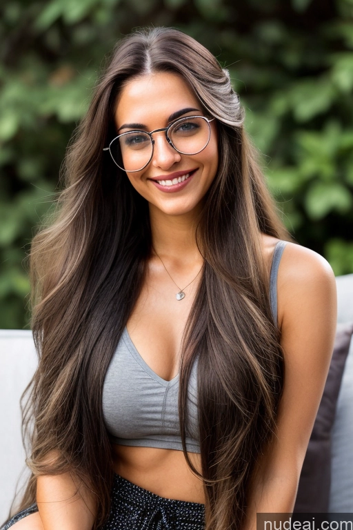 ai nude image of smiling woman with glasses sitting on a couch in a park pics of Woman One Perfect Boobs Glasses Beautiful Thick Long Hair Fairer Skin Tall 20s Black Hair Hair Bun Turkish Couch Spreading Legs Happy Harem Pants Short Shorts