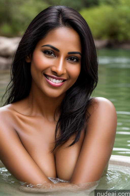 ai nude image of arafed woman in a body of water with a smile on her face pics of Model One Fairer Skin Dark Skin Happy Seductive Sexy Face Black Hair Straight Indian Lake Sari Satin Bathing 30s