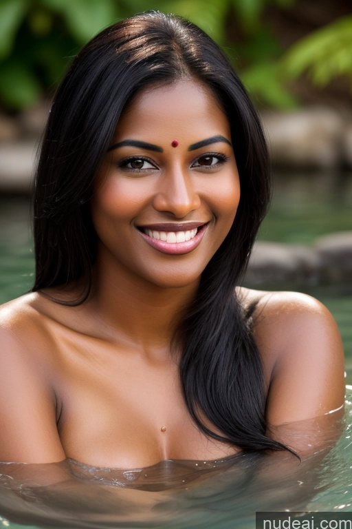 ai nude image of smiling woman in a pool of water with a green background pics of Model One Fairer Skin Dark Skin Happy Seductive Sexy Face Black Hair Straight Indian Lake Sari Satin Bathing 30s