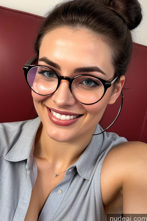 ai nude image of smiling woman with glasses and a gray shirt on sitting in a red chair pics of Woman One Perfect Boobs Glasses Beautiful Thick Fairer Skin Tall 20s Black Hair Hair Bun Turkish Couch Spreading Legs Happy Nude