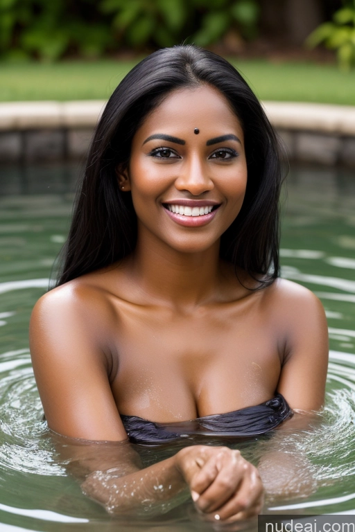 ai nude image of smiling woman in a pool of water with a smile on her face pics of Model One Fairer Skin Dark Skin Happy Seductive Sexy Face Black Hair Straight Indian Lake Sari Satin Bathing 30s