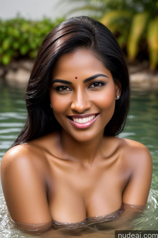 ai nude image of smiling woman in a pool of water with a smile on her face pics of Model One Fairer Skin Dark Skin Happy Seductive Sexy Face Black Hair Straight Indian Lake Sari Satin Bathing 30s