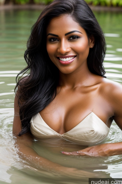 ai nude image of smiling woman in a white bikini in a body of water pics of Model One Fairer Skin Dark Skin Happy Seductive Sexy Face Black Hair Straight Indian Lake Sari Satin Bathing 30s