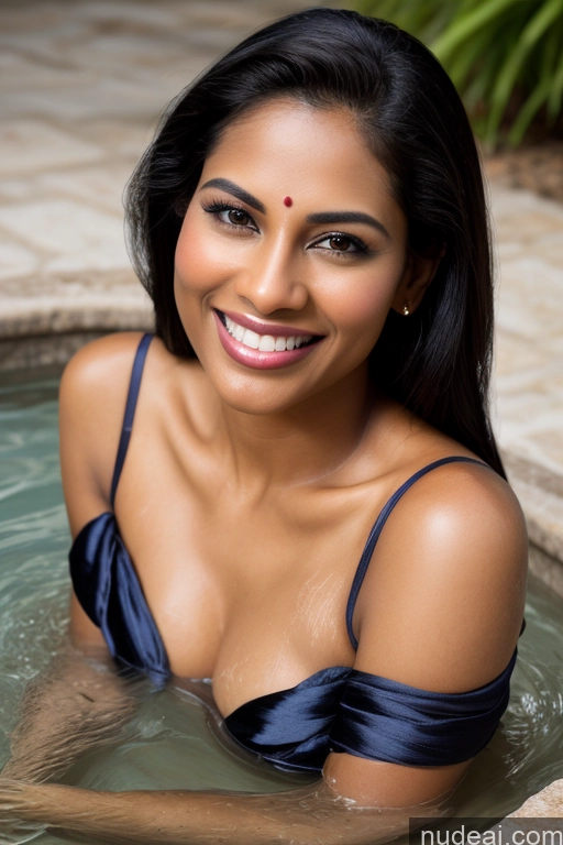 ai nude image of smiling woman in a blue bikini in a pool of water pics of Model One Fairer Skin Dark Skin Happy Seductive Sexy Face Black Hair Straight Indian Lake Sari Satin Bathing 30s