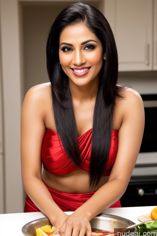 ai nude image of smiling woman in red dress cutting vegetables in a kitchen pics of Model One Fairer Skin Happy Seductive Sexy Face Black Hair Straight Indian Sari Satin 30s Cooking Party